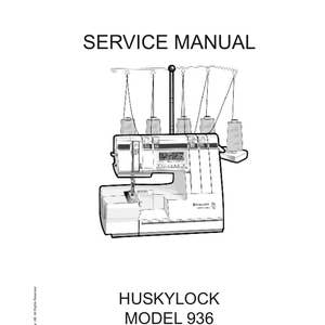 Może przedstawiać: Czarno-biała instrukcja serwisowa do maszyny do szycia Husqvarna Viking Huskylock model 936. Instrukcja zawiera tekst "SERVICE MANUAL" i "HUSKYLOCK MODEL 936". Obrazek przedstawia schemat maszyny do szycia.