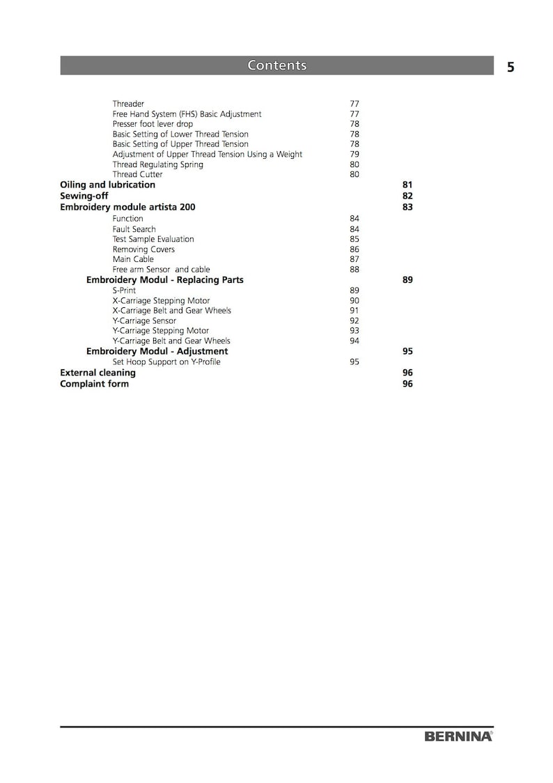 Bernina ARTISTA 200 Sewing Machine Service Manual & Spare Parts Book