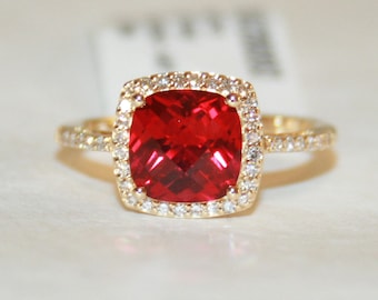 NEW 14K Yellow Gold Cushion Cut Created Ruby & Diamonds Ring sz 7