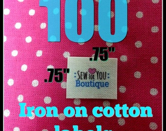 100 tiny  iron on tiny  fabric labels .75"x.75" doll clothes pocketbooks wallets  plushies stuffed animals quilts hairbows purses