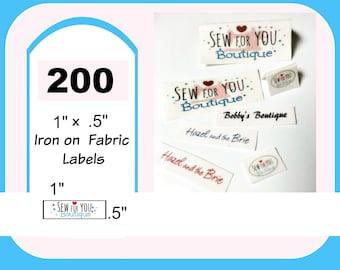 200 Iron on fabric labels 1"x.5"  doll clothes pocketbooks quilts hair bows  purses plush toy  stuffed animal