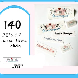 140 .75&quot;x.25&quot;tiny  iron on tiny  fabric labels doll clothes pocketbooks wallets  plushies stuffed animals quilts hairbows purses