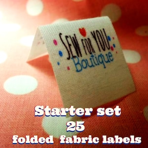 folded fabric labels 25 Starter set   1"x 1" heat sealed edges no fraying personalized with your logo doll clothes,pocket books, clothing