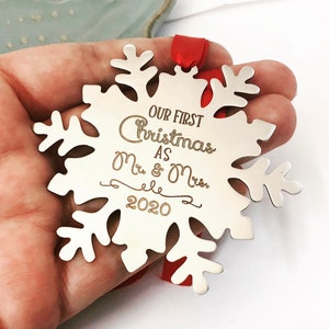 First Christmas as Mr. and Mrs. ~ Engraved Snowflake Ornament ~ Engraved Family Gift for Newlyweds ~ Wedding Bridal Gift