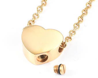 Cremation Urn Heart Charm Necklace ~ Gold ~ Pet Loss ~  Remembrance Memorial Jewelry ~ Bereavement Gift ~ Minimalist Cremation Necklace