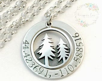 Sterling Silver Coordinates Washer ~ Forest Trees Necklace ~ Personalized Jewelry Custom Latitude Longitude ~ Find my soul ~ Hiking ~ Hiker