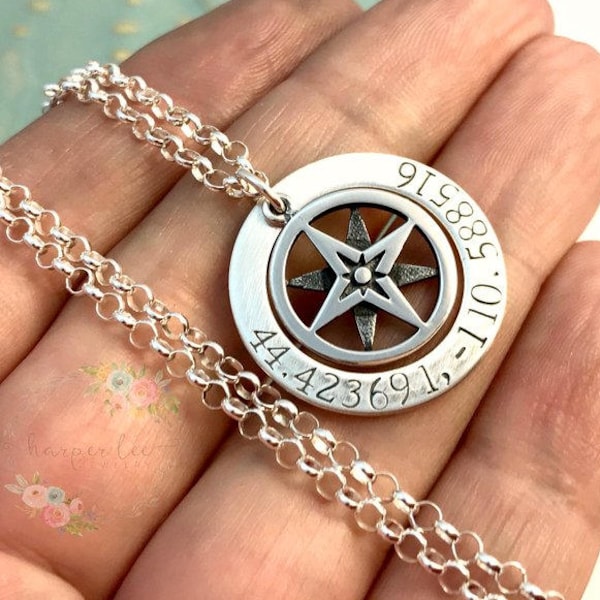 Sterling Silver Coordinates Washer ~ True North Compass Necklace ~ Personalized Jewelry ~ Custom Latitude Longitude ~ Wanderlust Gypsy Soul