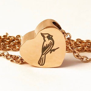 Cardinal Cremation Urn Necklace: Engraved Rose Gold Heart, Memorial Jewelry