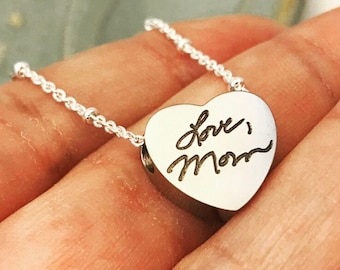 Custom Handwriting Urn Necklace ~ Petite Heart Cremation Jewelry ~ Always with me ~ Forever in my heart ~ Engraved Cremain Bereavement Gift