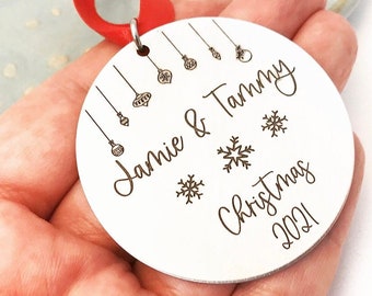 Couple's Christmas Ornament ~ Large Personalized Pewter Ornament ~ First Christmas Together Ornament ~ Custom Engraved Ornament Gift