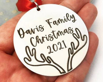 Antlers Christmas Ornament ~ Large Personalized Pewter Ornament ~ Family Name Christmas Ornament ~ Custom Engraved Ornament Gift ~ Rustic