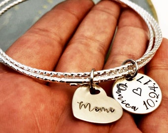 Sterling Silver ~ Three Bangle Cluster ~ Personalized Hand Stamped Heart Charm ~ Mother ~ Mom~ Mommy Layered Bracelet ~ Mother's Day Gift