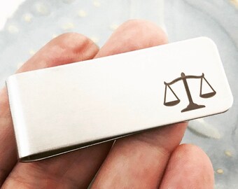 Scales of Justice ~ Stainless Steel Money Clip ~ Personalized Business Card Holder ~ Lawyer Gift ~ Law School Graduation ~ JD Commencement