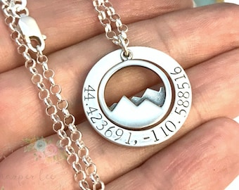 Sterling Silver Coordinates Washer ~The  Mountains are Calling Necklace ~ Personalized Jewelry Custom Latitude Longitude ~ Hiking ~ Hiker