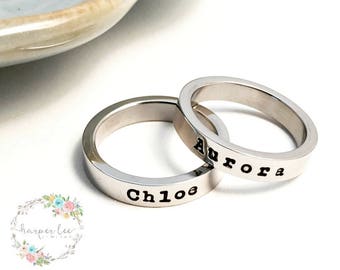 MOTHER RING ~ Stainless Steel Mommy Ring ~ Personalized ~ Stamped Kid's Name ~ Skinny Stacking Ring ~ Anniversary ~ Mom ~ Mama Bear Gift