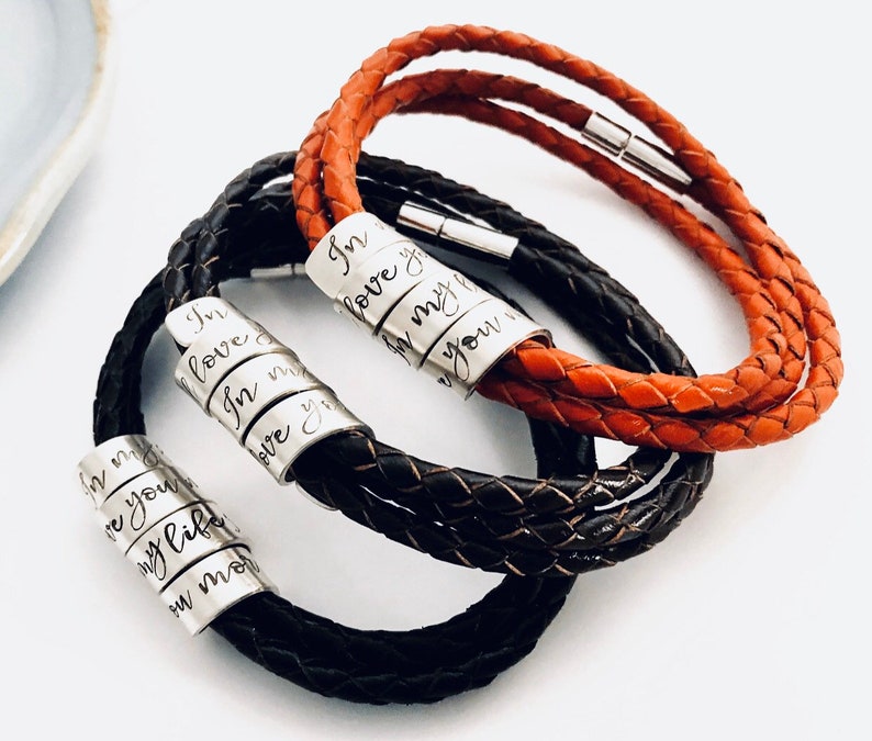 Personalized Sterling Silver Genuine Leather Woman's Spiral Wrapped Bracelet Coil Twisted Metal Custom Quote Hidden Message Scroll image 4