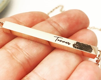 Your Fingerprint Handwriting ~ Engraved Horizontal Bar Cremains Urn Necklace ~ Personalized Double Chamber Cremation Jewelry