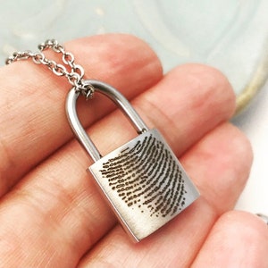 Personalized Fingerprint Stainless Steel Padlock URN Pendant Custom Memorial Necklace for Ashes Cremation Jewelry Bereavement Gift image 4