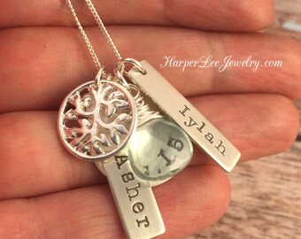 Sterling Silver ~ Mommy of Twins ~ Personalized Name Necklace ~ Mom ~ Custom Birthstone ~ Birthdate ~ Hand Stamped Cluster Jewelry ~ Tree