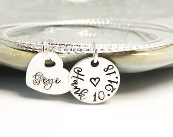 Sterling Silver ~ Three Bangle Cluster ~ Personalized Hand Stamped Heart Charm ~ Mother ~ Mom~ Mommy Layered Bracelet ~ Mother's Day Gift