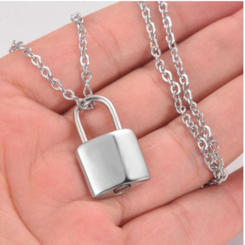 Personalized Fingerprint Stainless Steel Padlock URN Pendant Custom Memorial Necklace for Ashes Cremation Jewelry Bereavement Gift image 8