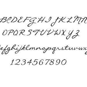 May include: A handwritten font alphabet in black ink on a white background. The alphabet includes uppercase and lowercase letters and numbers 0-9.