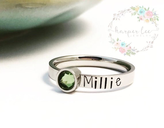 Stainless Steel Birthstone Ring Hand Stamped Minimalist Ring