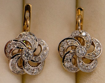 Swirl flower design 14k yellow and white gold earrings