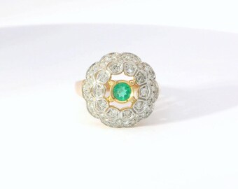 Gold Emerald and Diamonds Cluster Ring