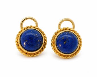 Estate 18K Yellow Gold Lapis Lazuli Earrings with 14K White Gold Omega Backs