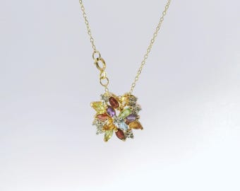 Sterling Silver 925 Vermeil Multi Stone Rainbow Gemstone Pendant