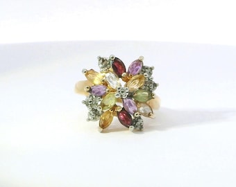 Sterling Silver 925 Vermeil Multistone Ring - Rainbow Gemstone Cluster