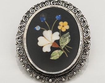 800 Silver Floral Pietra Dura Mosaic Filigree Brooch
