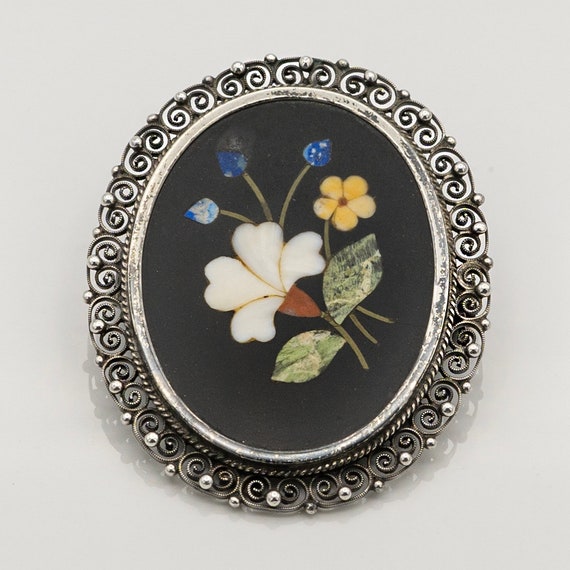 800 Silver Floral Pietra Dura Mosaic Filigree Bro… - image 1