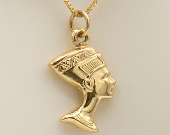 14k Solid Yellow Gold Nefertiti Charm (marked as 14k) with history-inspired designs