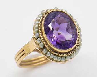 Victorian 14K Gold Seed Pearls & Amethyst Ring