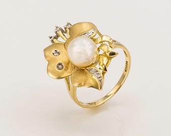 14K Gold Exotic Flower Pearl Ring Size 7.5