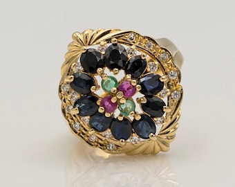 Elegant Estate 14K Gold Ring with Diamonds, Emeralds, Rubies, and Sapphires