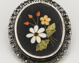 800 Silver Floral Pietra Dura Mosaic Filigree Brooch