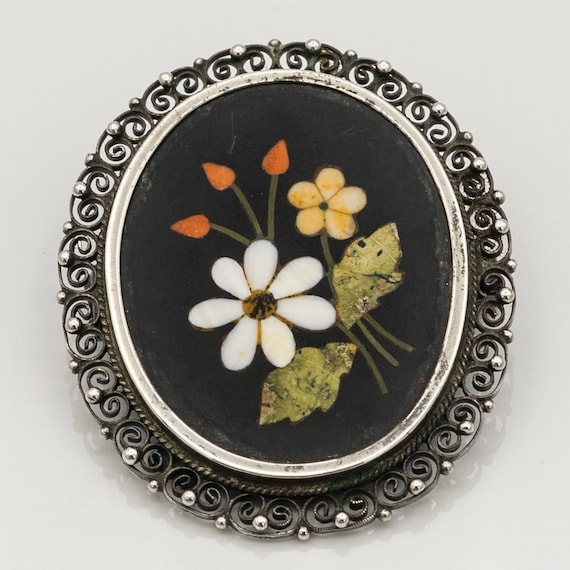 800 Silver Floral Pietra Dura Mosaic Filigree Broo