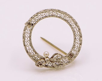 Antique Edwardian Seed Pearl and 14K Gold Filigree Brooch