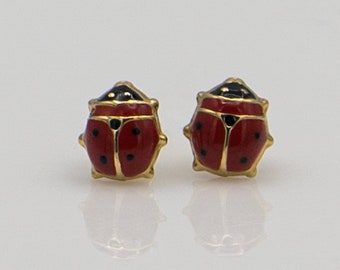 14k Yellow gold Enameled Ladybug Post Earrings