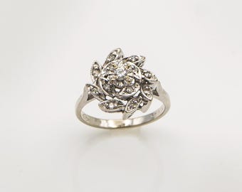 Estate 14K White Gold Ring "Diamond Leaves Swirl"