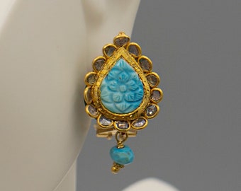 Estate 22K Yellow Gold Turquoise and Diamonds Earrings