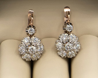 Classic cluster design 14k rose and white gold diamond earrings