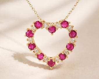 Ruby & Diamond Heart Pendant in 14K Yellow Gold