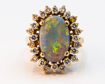 Estate 14K yellow gold ring with black opal and diamonds