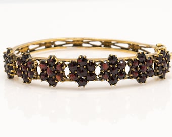 Antique Bohemian Garnet Floral Design 14K Gold Bangle Bracelet