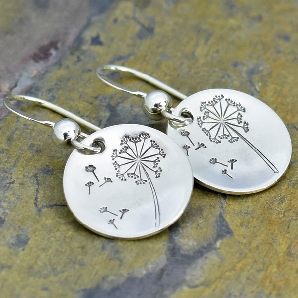 Dandelion Earrings - Handmade Sterling Silver Jewelry with Stamped Botanical Design, Custom Gift for Her on Birthday or Mother's Day