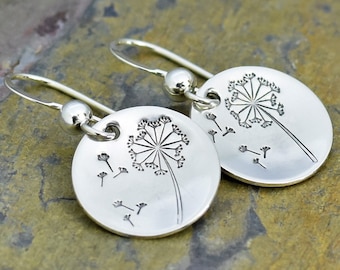 Dandelion Earrings - Handmade Sterling Silver Jewelry with Stamped Botanical Design, Custom Gift for Her on Birthday or Mother's Day